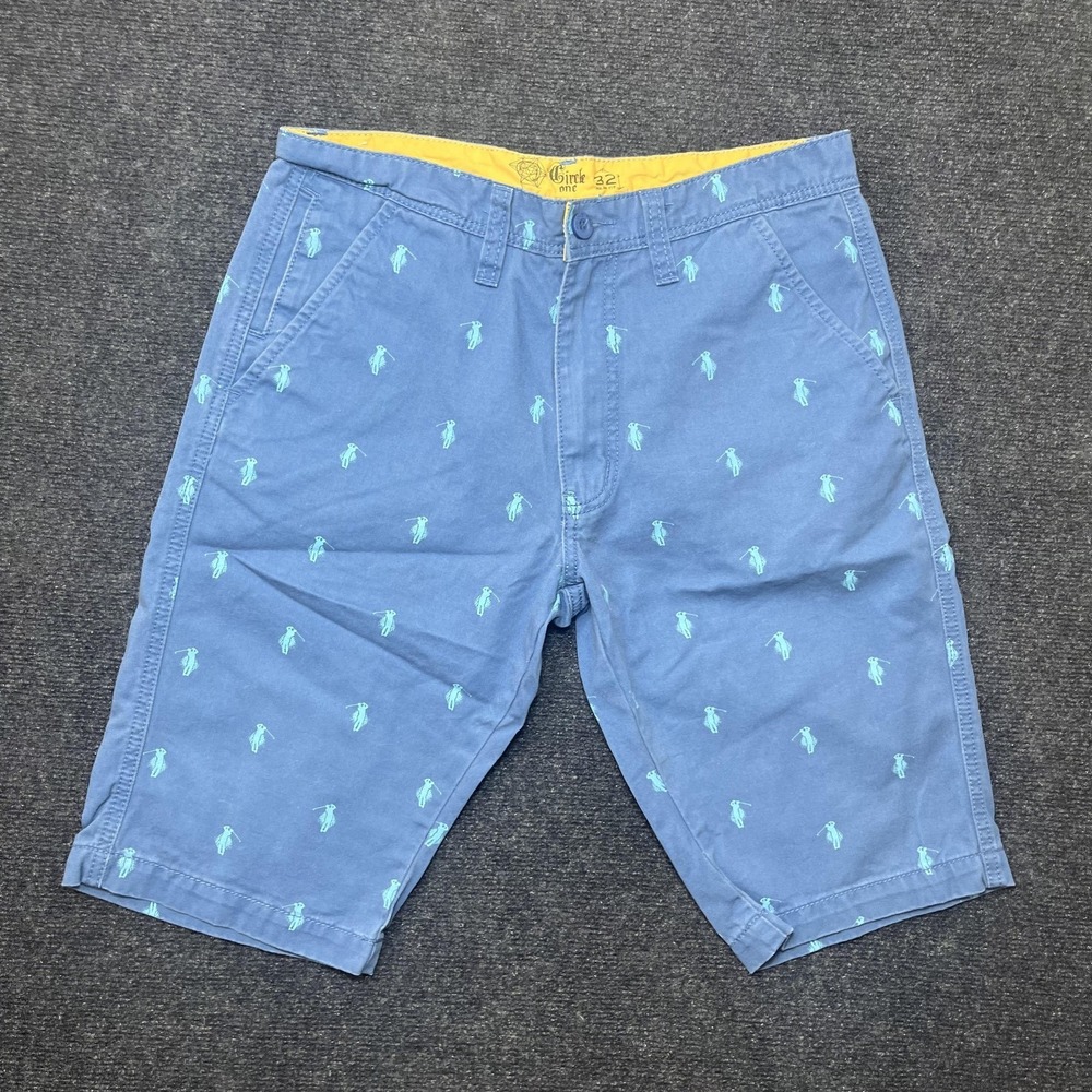 Circle One Chino Shorts Mens 32 Blue Embroidered Cotton Flat Front Golf Slim Fit